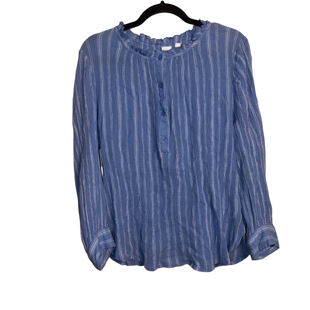 Gap Beautiful Blue Stripe Crepe Cotton Half Button Top Shirt Blouse Career Sz XL